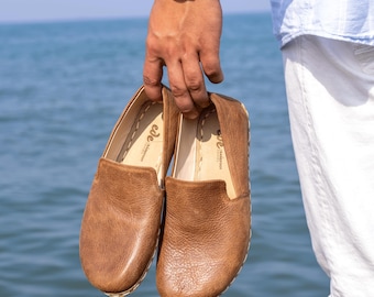 Barfußschuhe Herren - Den ganzen Tag Stehkomfort - Breite Zehenkappe Leder Minimalistische Schuhe - Hickory