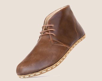 Bottines Chukka pour femmes : cuir véritable marron, bout large, pieds nus, terre (fou)