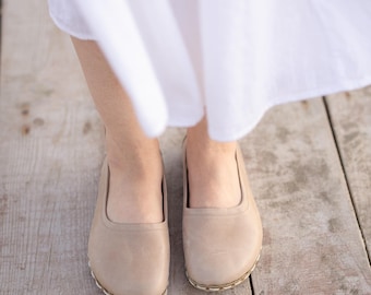Earthing Ballet Flats – Zero Drop Crazy Leather, Wide Toe Box, Barefoot Women | Sand