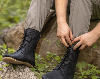 Men’s Barefoot Leather Boots, Wide Toe Box, Earth Grounding Copper Rivet, Raven Black (Zarago)