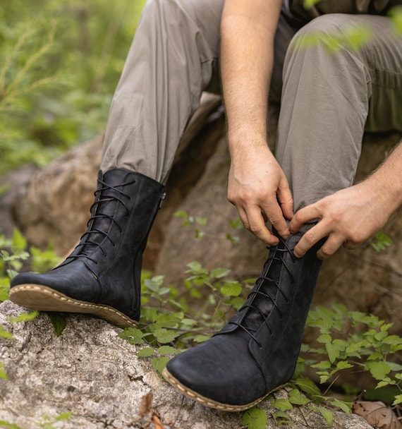 Men’s Barefoot Leather Boots, Wide Toe Box, Earth Grounding Copper Rivet, Raven Black (Zarago)