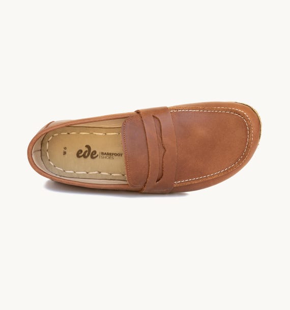 Men's Barefoot Penny Loafer – Handmade Leather, Copper Grounding, Wide Toe Box - Umber