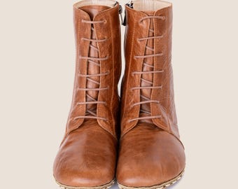Barefoot Boots Women – Russet Grounding Leather Boots, Medieval Boxing Style, Wide Toe Box,