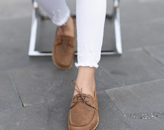 Camel Leather Loafers Women | Minimalist Deck Shoes | Wide Toe Box | Grounding Natural Sole | Hickory
