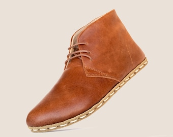 Bottes Chukka pour femmes : bouts larges, pieds nus, bottes en cuir véritable faites à la main - Gris ambré (Crazy)