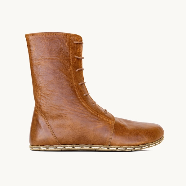 Barefoot Boots Women – Grounding Leather Boots, Medieval Boxing Style, Wide Toe Box, Russet