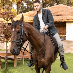 May include: A brown horse with a white marking on its forehead is ridden by a person wearing a dark green jacket and light pants. The horse is equipped with a black bridle and saddle. The scene takes place outdoors, with a building and trees in the background.