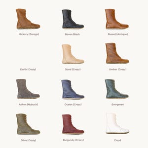 May include: A collection of leather boots in various colors, including brown, black, tan, gray, blue, green, burgundy, and white. Each boot is a mid-calf height with a lace-up design. The boots are displayed on a light background.