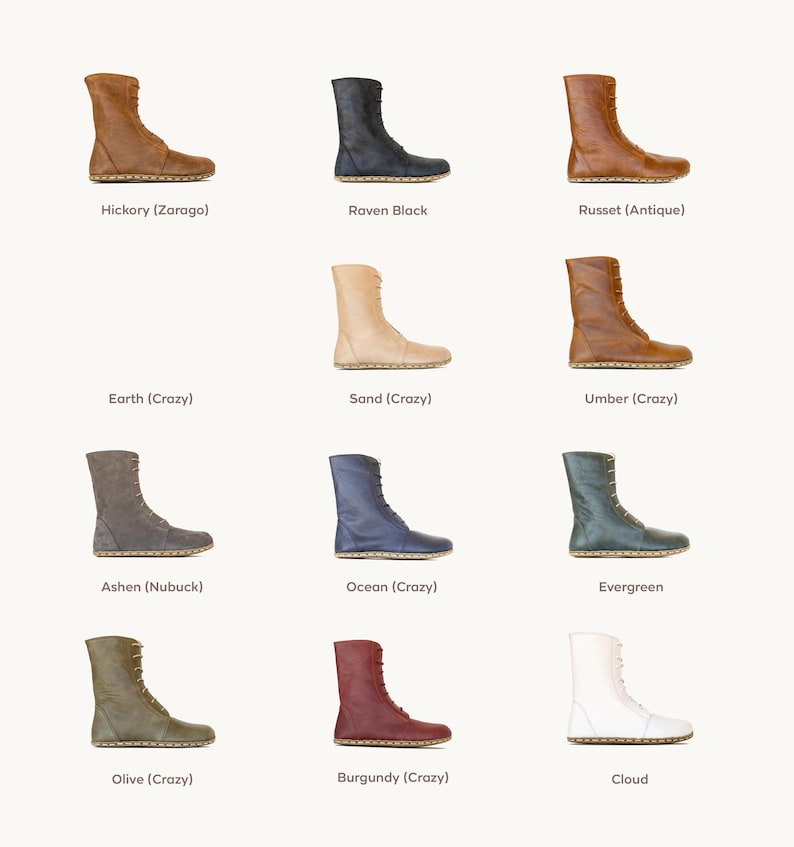 May include: A collection of leather boots in various colors, including brown, black, tan, gray, blue, green, burgundy, and white. Each boot is a mid-calf height with a lace-up design. The boots are displayed on a light background.
