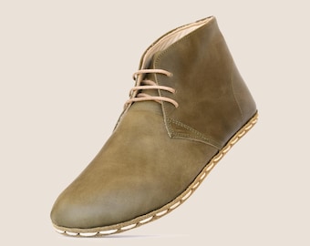 Bottines chukka aux pieds nus pour femmes : bouts larges, pieds nus, zéro chute, 100 % fait main - vert olive