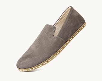 Barfotaskor Dam, Askgrå Nubuck Loafers, Minimalistiska Jordnande Slip-On, Bred Tåbox