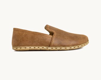 Zero Drop Loafer Men Handmade Textured Calfskin Wide Toe Box Copper Grounding Hickory Brown