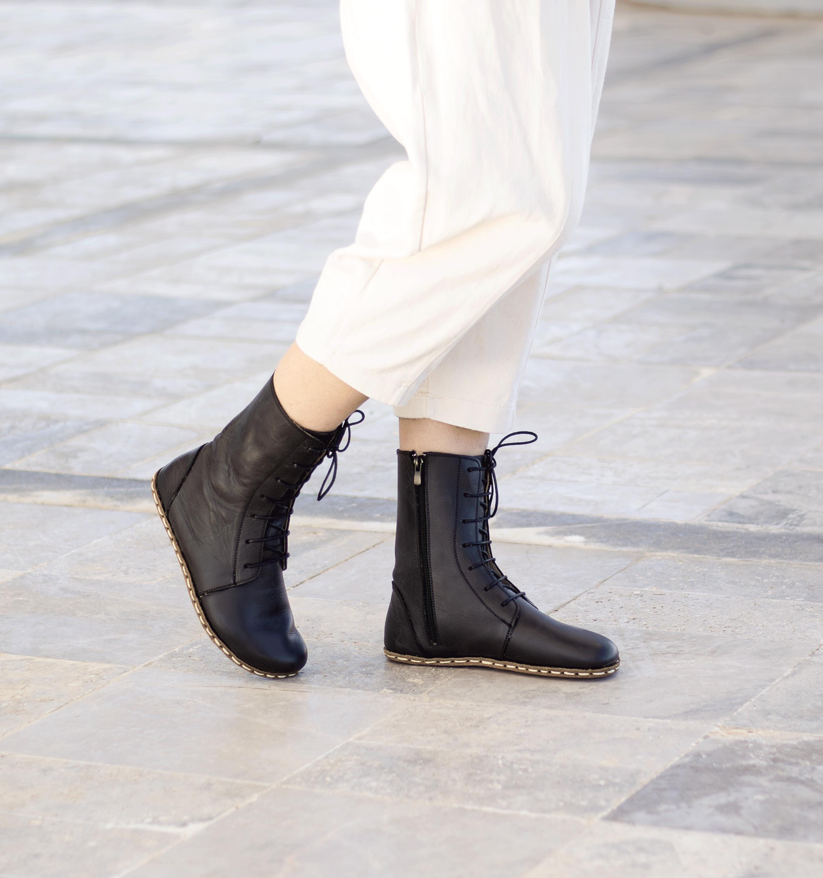 Barefoot Boots Women - Black Grounding Leather Ankle Boots, Wide Toe Box, Handmade Zero Drop
