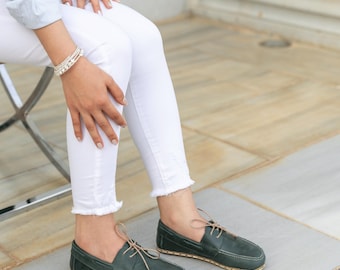 Green Leather Loafers Women | Minimalist Deck Shoes | Wide Toe Box | Grounding Natural Sole | Evergreen