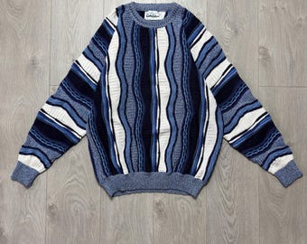 vintage Carlo Colucci Coogi style pull texturé bleu taille 52 L Allemagne de l'Ouest