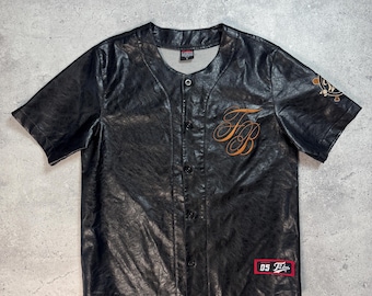 ヴィンテージ FUBU レザー ベースボールジャージ ブラック 半袖 メンズ サイズL