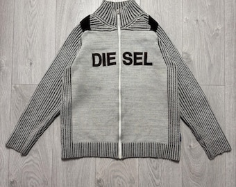 Vintage Diesel Big Logo Ribbed Knit Sweater Full Zip Y2K Avant-Garde Men L