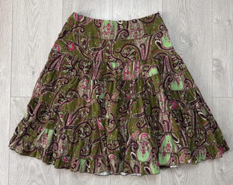 Vintage Save The Queen Paisley Tiered Flared Skirt Green Side Zip