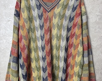 Pull en tricot Missoni Uomo vintage multicolore XL Fabriqué en Italie 100 % coton