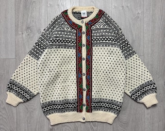 Cárdigan de lana vintage para hombre de Dale of Norway con estampado nórdico, fabricado en Noruega, talla S.