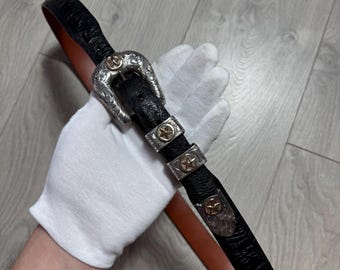 Clint Orms Gaines 1801 étoiles en or sterling 14 carats Ensemble de boucles de ceinture en cuir d'autruche Matt Hackett 44 fait main Texas