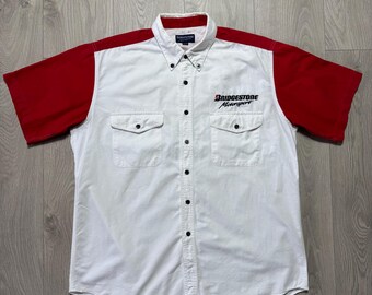 Vintage Bridgestone Motorsport Racing Shirt White Red Embroidered Size L