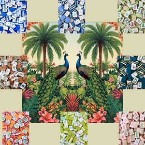May include: A decorative image featuring a central tropical scene with two peacocks, palm trees, and lush foliage. Surrounding the central image are various piles of colorful Mahjong tiles, showcasing different designs and colors. The overall theme is a blend of nature and game elements.