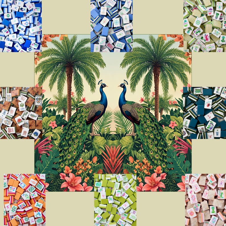 May include: A decorative image featuring a central tropical scene with two peacocks, palm trees, and lush foliage. Surrounding the central image are various piles of colorful Mahjong tiles, showcasing different designs and colors. The overall theme is a blend of nature and game elements.