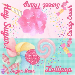 May include: A whimsical illustration featuring a pink cotton candy, lollipops, and wrapped candies. The image has text that says "Hey Sugar!", "Sweet Thang", "Candy Crush", "Sugar Bear", and "Lollipop". The background is a mix of pink and light blue.