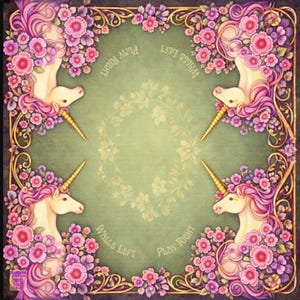 May include: A square, whimsical design featuring four unicorns with golden horns, surrounded by pink and purple flowers. The unicorns are set against a green background with floral accents and the words "Walls Left" and "Play Right".