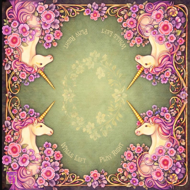 May include: A square, whimsical design featuring four unicorns with golden horns, surrounded by pink and purple flowers. The unicorns are set against a green background with floral accents and the words "Walls Left" and "Play Right".
