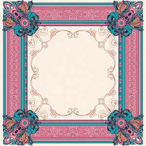 May include: Decorative square design with a cream-colored center, framed by pink, teal, and coral borders. Floral and geometric patterns adorn the corners and edges, creating a vintage aesthetic. The design is suitable for various applications.