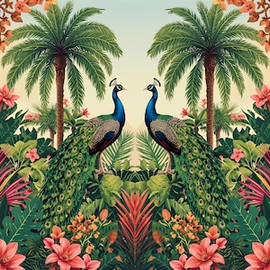 May include: A vibrant illustration features two peacocks with blue and green plumage, facing each other amidst lush tropical foliage. Palm trees, pink flowers, and various green plants create a symmetrical, jungle-like scene. The artwork has a vintage, botanical feel.