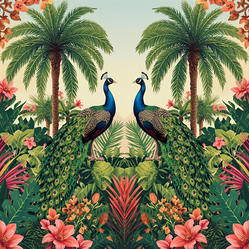 May include: A vibrant illustration features two peacocks with blue and green plumage, facing each other amidst lush tropical foliage. Palm trees, pink flowers, and various green plants create a symmetrical, jungle-like scene. The artwork has a vintage, botanical feel.