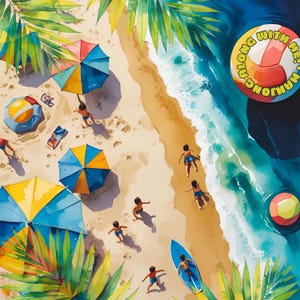 Op de afbeelding: Waterverfillustratie van een strandsc&egrave;ne met mensen, parasols en een surfboard. Het strand heeft geel zand, blauw water en groene palmbladeren. Een rond object met de tekst "HANG ALONG WITH ME" staat in het water.