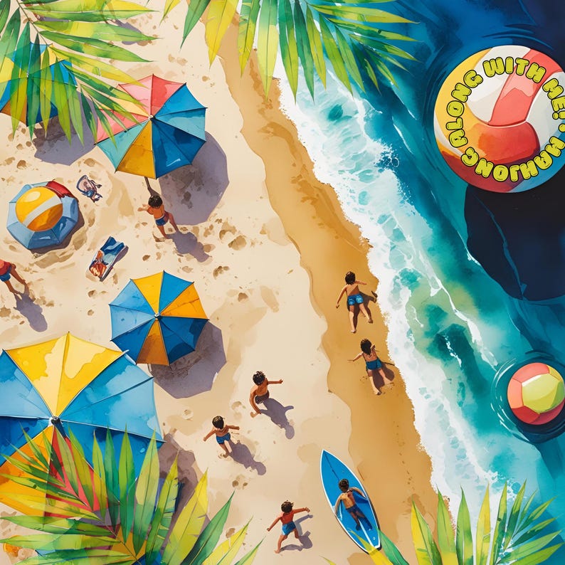 Op de afbeelding: Waterverfillustratie van een strandsc&egrave;ne met mensen, parasols en een surfboard. Het strand heeft geel zand, blauw water en groene palmbladeren. Een rond object met de tekst "HANG ALONG WITH ME" staat in het water.