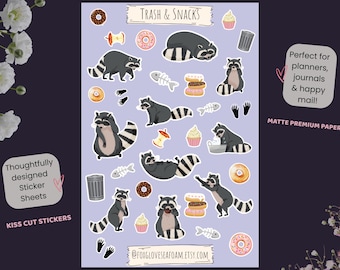 Raccoon Sticker Sheet | Cute Trash Panda Stickers | Goblincore Planner Stickers | Funny Raccoon Decals | Cottagecore Scrapbook Stickers