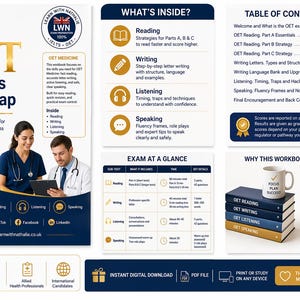 Può includere: Un manuale OET Success Road Map per la preparazione agli esami, con sezioni su lettura, scrittura, ascolto e conversazione. Include un sommario e una panoramica dell'esame. Adatto a medici, infermieri e professionisti sanitari.