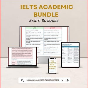 Peut inclure: Image promotionnelle pour le pack IELTS Academic, avec un ordinateur, une tablette et un smartphone. Le visuel comprend des conseils d'examen et le texte « Exam Success ». L'image montre également une liste de contrôle des points « À FAIRE » et « À NE PAS FAIRE ».