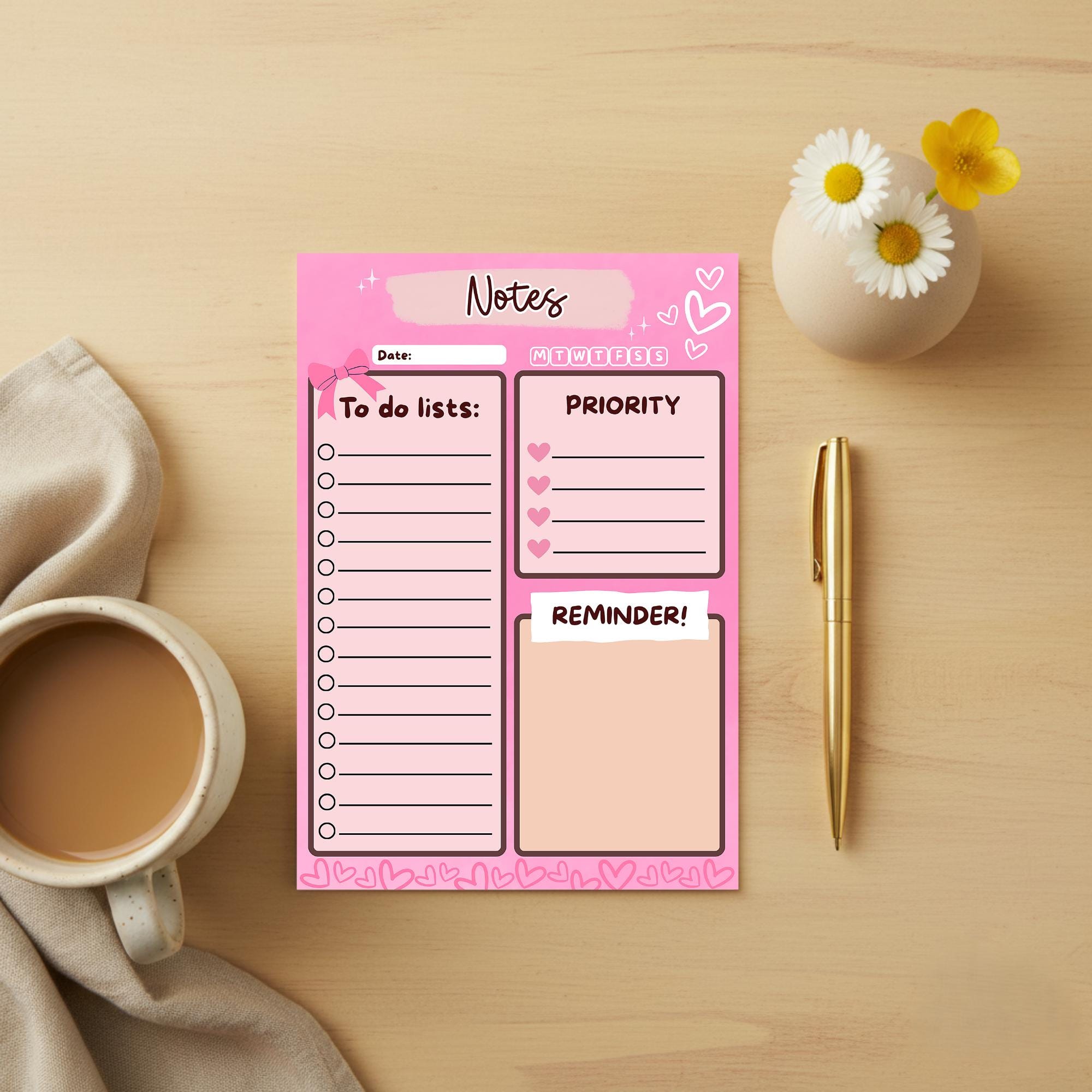 Pink Notepad | A5 Printable Notepad | To-do List | Daily Planner Sheet ...