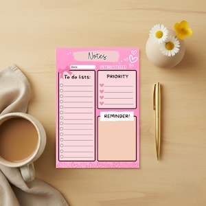 Pink Notepad | A5 Printable Notepad | To-Do List | Daily Planner Sheet | Notepad | Reminder Notes | Productivity Planner | Instant Download