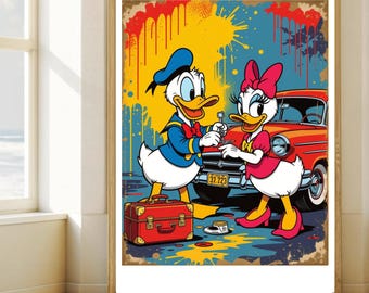Donald Duck Couple Poster | Colorful Cartoon Wall Art | Retro Pop Art Print | Digital Download