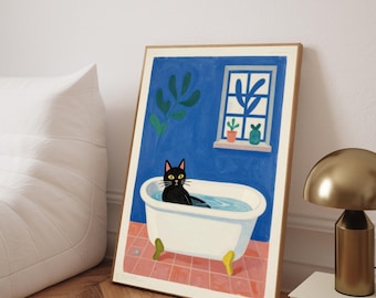 Cat in Bathtub Matisse Style Print, Funny Bathroom Art, Colorful Fauvism Poster, Digital Download
