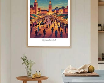 Marrakech Travel Poster – Colorful Medina Wall Art, Moroccan Boho Decor, Digital Download