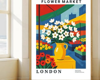 Flower Market London Poster – Vintage Floral Print, British Wall Art, Travel Decor, Digital Download