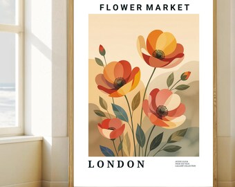 Flower Market London Poster – Vintage Floral Print, British Wall Art, Travel Decor, Digital Download