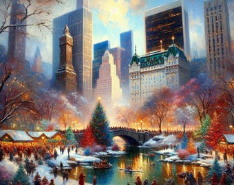 Christmas in Central Park Print – Winter New York Oil Painting (Digital Download)