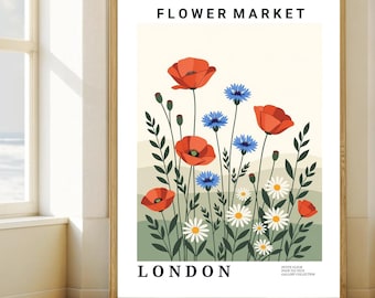 Flower Market London Poster – Vintage Floral Print, British Wall Art, Travel Decor, Digital Download