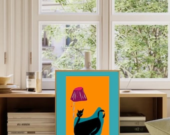 French cat and lamp, digital artwork, warm home atmosphere