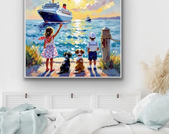 Children Waving to Ship, Vintage Seaside Art Print (Digital Download)